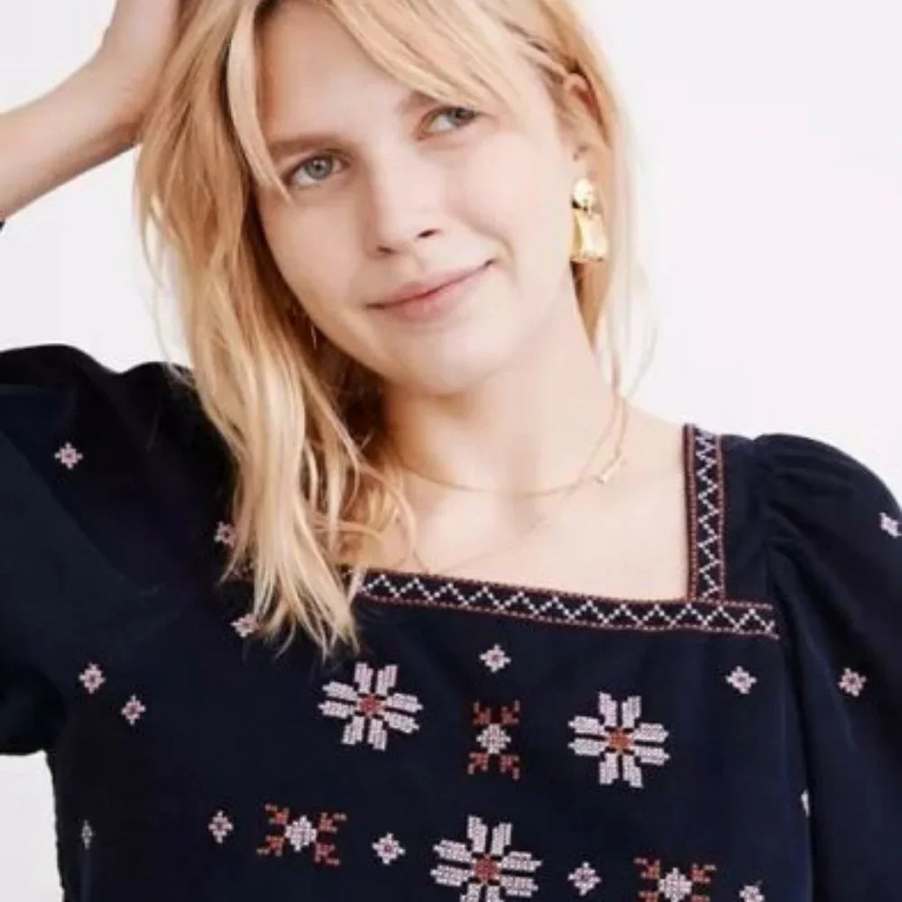 Madewell Embroidered Navy Blue Corduroy Button-Back Peplum Blouse - Size XS